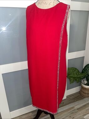 SLNY Red Sleeveless Midi Dress with Jeweled Trim
